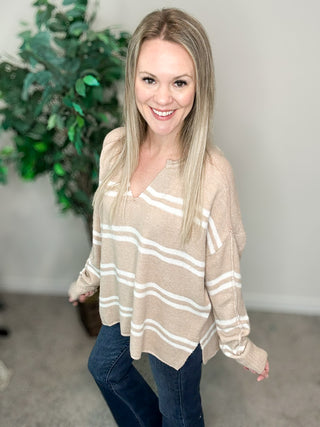 Beige Notch Neck Striped Sweater