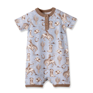 Wild Wrangler/Blue Western Bamboo Shorty Romper for Boys