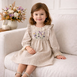 Embroidered Wildflower Linen Dress With Lace Trim