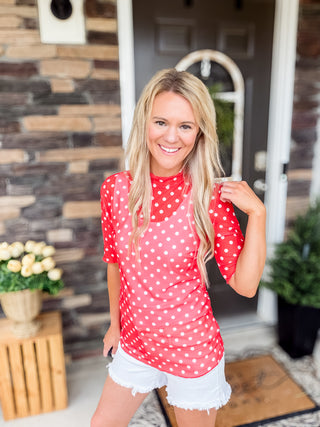 Kora Short Sleeve Mesh Top – Red Polka Dot | Trendy Boutique Top