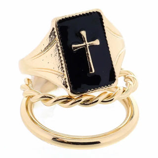 Gold Black Cross Ring Stack