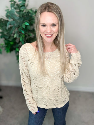 Natural Scalloped Hem Open Knit Sweater