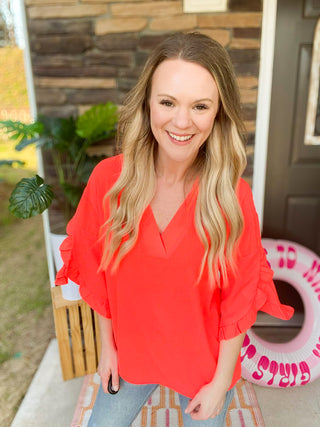Amy Ruffle Sleeve Top - Neon Coral