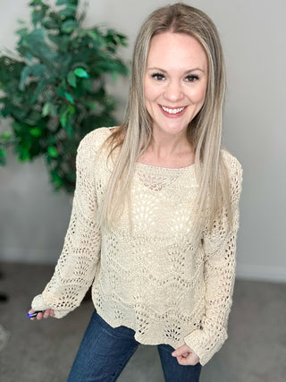 Natural Scalloped Hem Open Knit Sweater