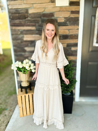 Shell V Neck Lace Trim Maxi Dress