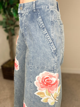 Washed Corduroy Flower Patch Pants