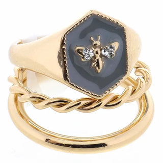 Gold Bee Hexagon Ring Stack