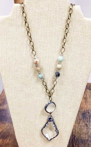 Glass dewdrop green beaded copper necklace