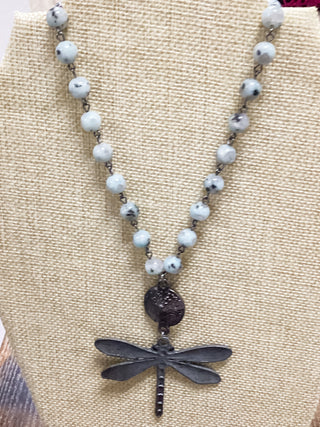 Dragonfly- Silver green beads