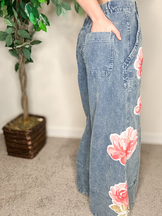 Washed Corduroy Flower Patch Pants