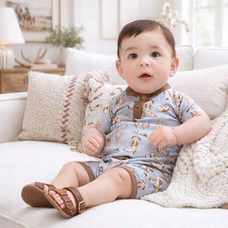 Wild Wrangler/Blue Western Bamboo Shorty Romper for Boys
