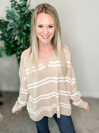 Beige Notch Neck Striped Sweater