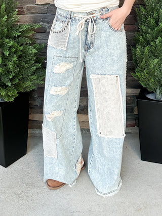 Denim Distressed Patch Pants