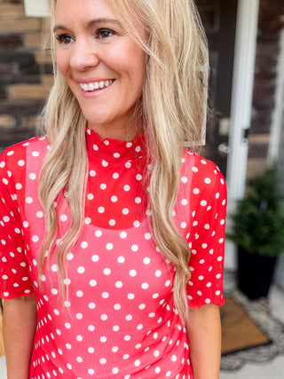 Kora Short Sleeve Mesh Top – Red Polka Dot | Trendy Boutique Top