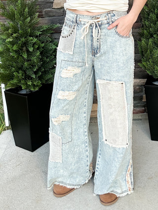 Denim Distressed Patch Pants