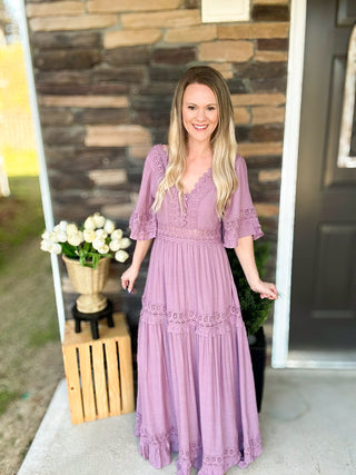 Mauve V Neck Lace Trim Maxi Dress