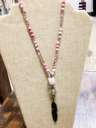 Pink feather beaded necklace