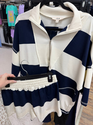 Navy Striped Short set, Zipper front