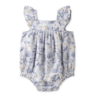 Baby Girl Blue Floral Bubble Romper – Cotton Linen  3-6M