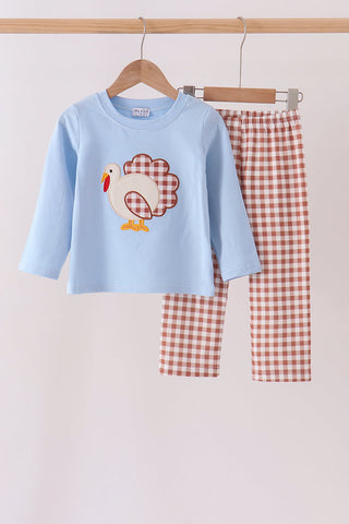 Blue Turkey Applique Gingham Pants Set - Close 9/26