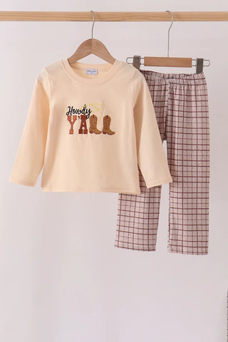 Brown Howdy Y'all Boots Embroidery Plaid Pants Set - Close 9/26