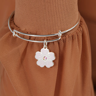 Pink Pansy and Crystal Charm Bangle Bracelet